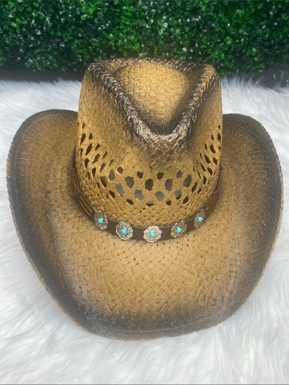 Brown Straw Western Cowboy Hat with Turquoise Accents